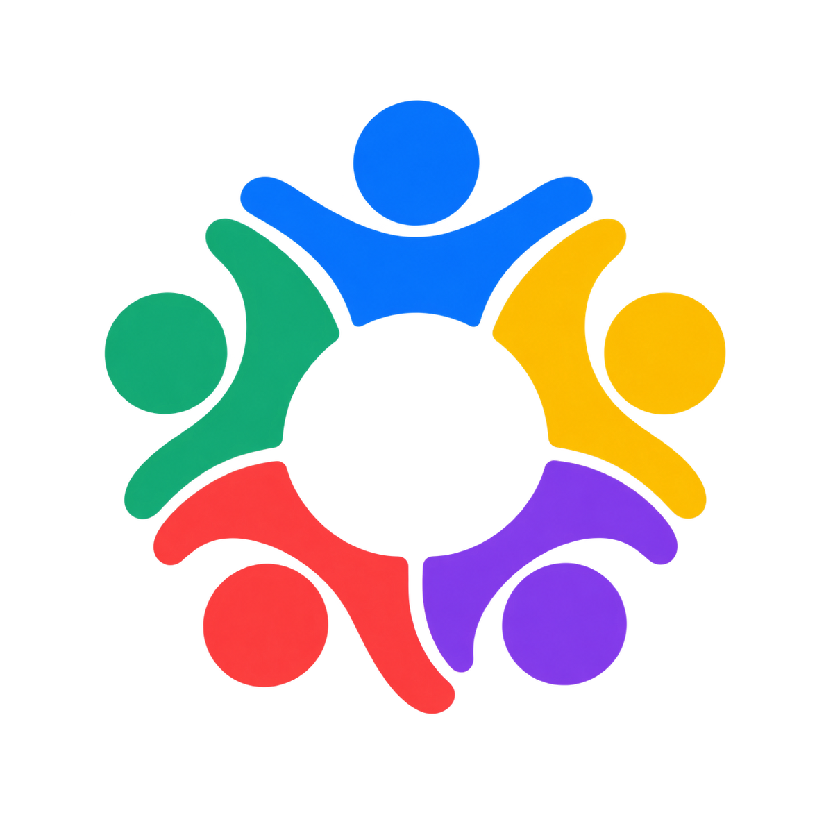 A circular graphic made of six stylized human figures in blue, green, yellow, red, purple, and orange arranged around a white center on a light gray background.