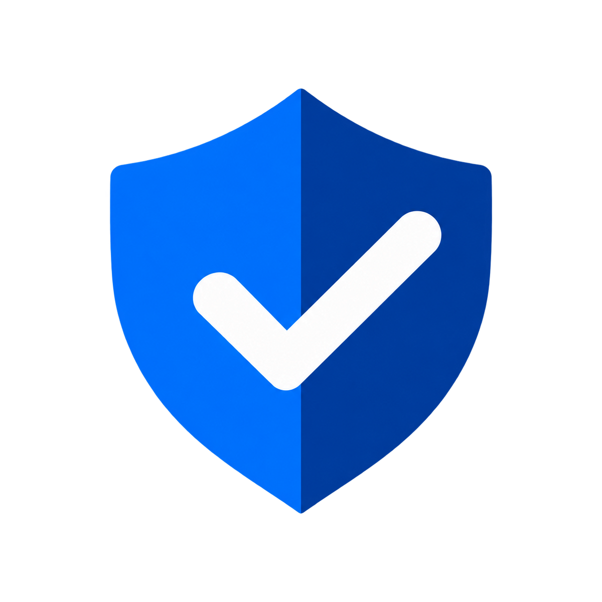 A digital icon of a shield split vertically into bright blue on the left and dark navy on the right, with a white checkmark in the center, set against a solid white background.