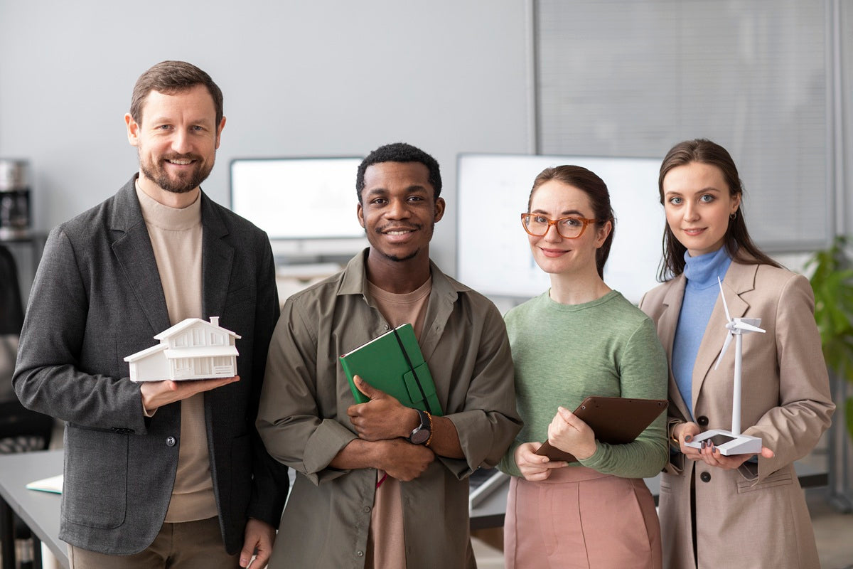 Four professionals standing together in a bright office setting, each holding items related to architecture or project management: a small white house model, a green notebook, a tablet, and a small wind turbine model. They are dressed in business casual attire.