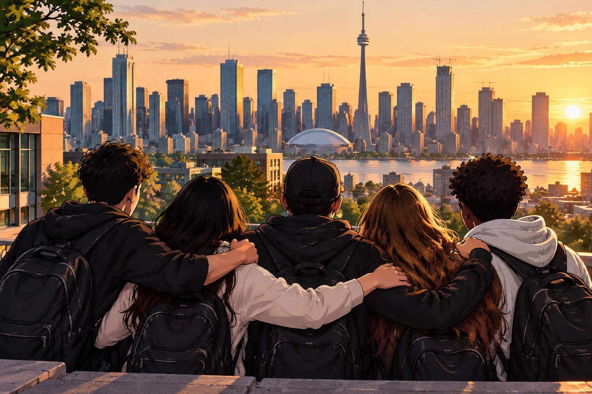 Five young adults with backpacks sit together on a rooftop overlooking a city skyline at sunset, with the Canada Tower visible in the distance.