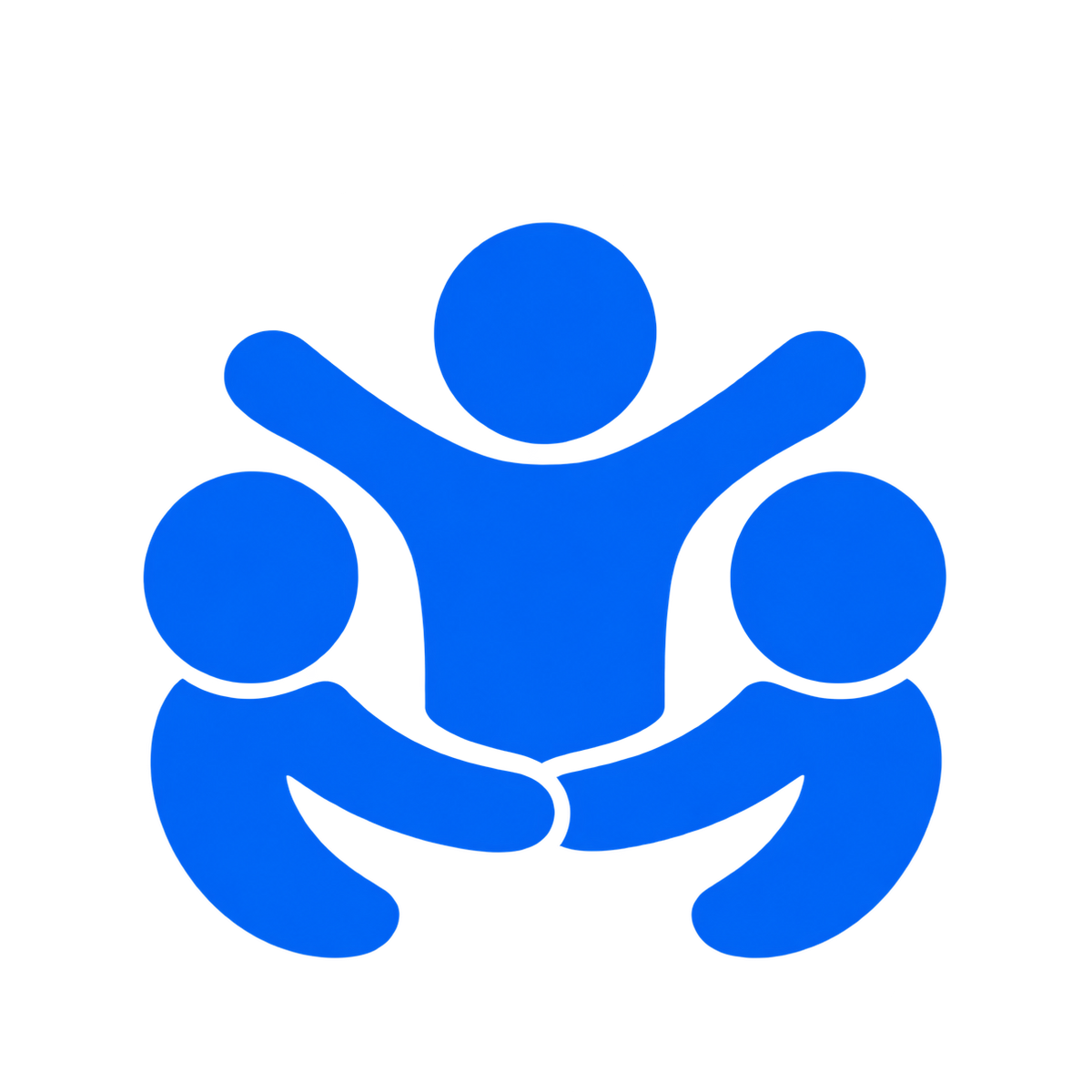 A blue icon depicting three stylized human figures holding hands, set against a solid white background.